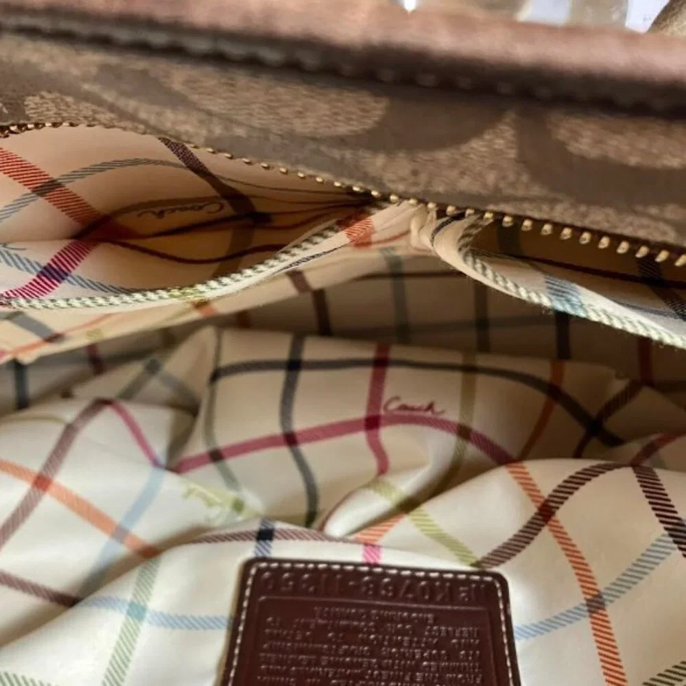 Coach Brown Signature Coated Canvas Leather Heritage Stripe Vintage Tote EUC